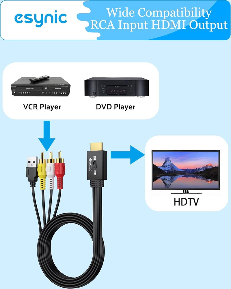 eSynic RCA to HDMI Cable Converter 3D 1080P@60Hz–1.5M/5FT Long AV Cable to HDMI Adapter-Plug & Play With 4:3/16:9 Aspect Ratio Switch Support NTSC/PAL for VCR/DVD/VHS to Modern TV [Not Bi-Directional] - Image 5